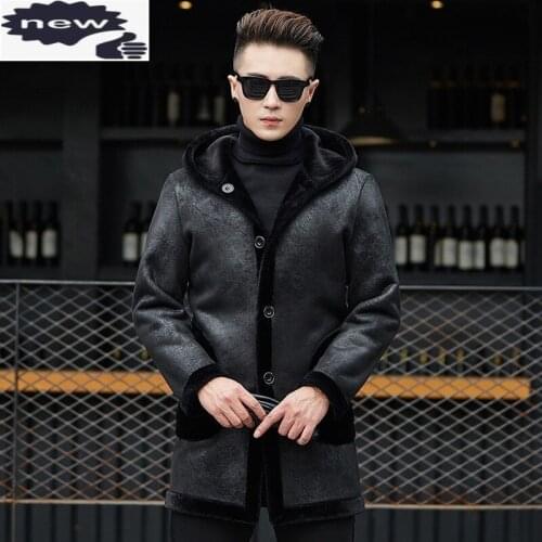 Luxury Wool Overcoat Business Shearling Real Sheep Coat Men Winter Warm Thick Hooded Reversible Outerwear Brand Fur Jacket