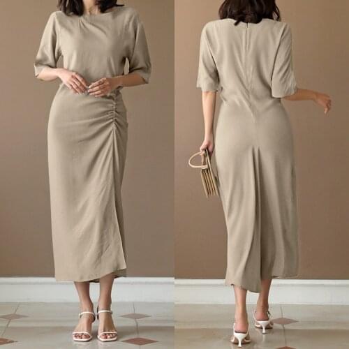 Womens Summer Sundress ZANZEA 2021 Fashion Split Dress Short Sleeve Drawstring Midi Vestidos Female Casual Solid Robe Oversize