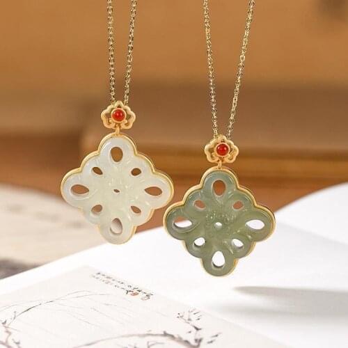 Silver natural Hetian jade Chinese knot retro southern red auspicious cloud charm gilt light luxury womens brand jewelry