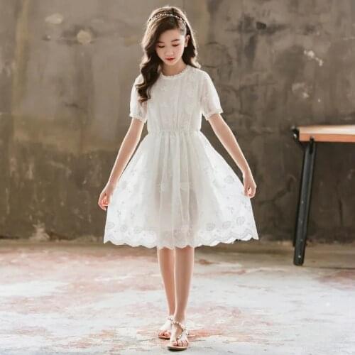 4-12 Year Old Children White Lace Dress Chiffon Princess Dresses Short Sleeve Round Neck Summer Clothing For Girl Floral Skirt