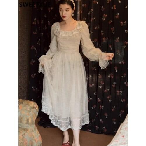 SWEETXUE Fairy Party Dress Vintage Female Elegant 2021 Fashion Sweet Chic Long Lace Mesh Lolita Princess Dress Vestido Mujer