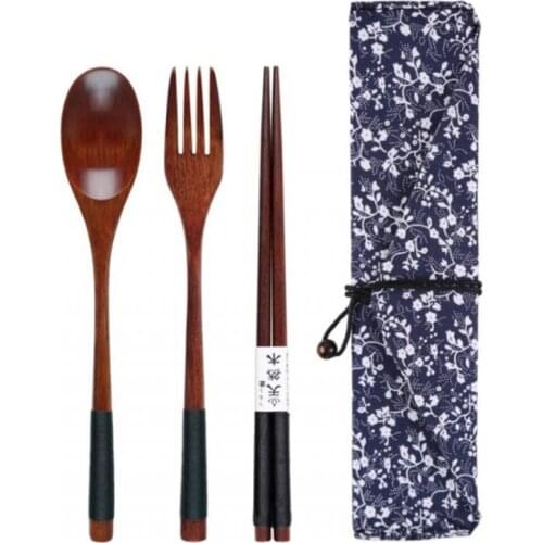 Unique Creative Wooden Tableware Chopsticks With Spoon Fork Cutlery Sets Cloth Bag Environmentally Friendly Travel Portable Tool