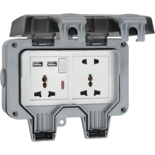 Waterproof Electrical Socket 10A Universal 2 Socket Plug Power Damp Proof Outdoor Electrical Outlet With 2 USB Socket