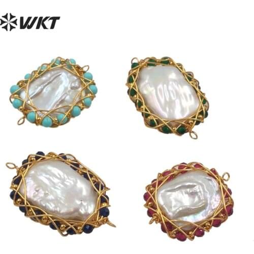 WT-JP206 WKT Colorful Stone Beads Brass Wire Warpped Pearl Pendant Gold Electroplated Double Loops Pendant Women Fashion Jewerly