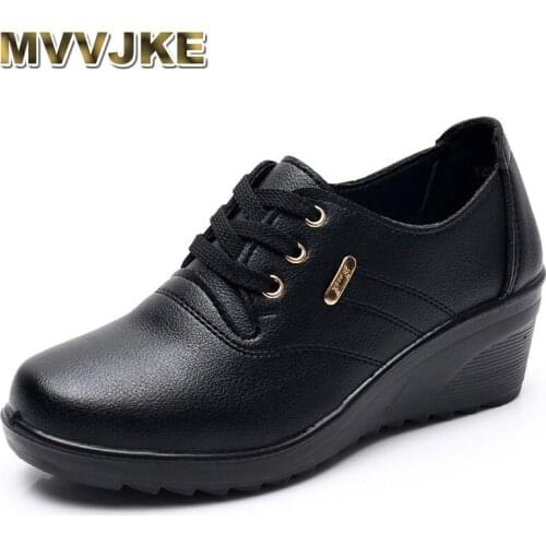 MVVJKE Spring And Autumn Comfortable Non-slip Lace-up Womens Single Shoes Large Size Mother Shoes Ladies Mid-heel Leather Pump