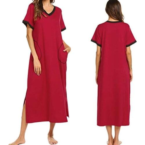 Womens Casual Loose Dress, Short Sleeve V-neck Bathrobe Pajamas Splitting Hem with Pockets Robe for Female Summer 2021