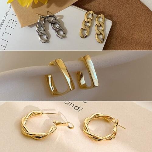 New S925 Earrings Women Chain Earings Fashion Bohemian Metal Square Drop Dangle Trend Ladies Wedding Party Jewelry Statement