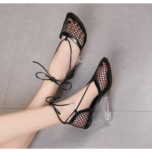 Girl Baotou Mesh 6/8 CM Sandals Summer 2021 New Sexy Party Club Crystal Show Transparent High Heels Lace-Up Wedges Womens Shoes