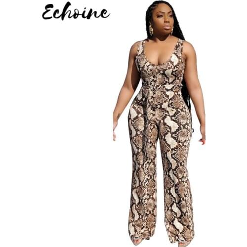 Echoine Women Sexy Snakeskin Spaghetti Straps Jumpsuit Fashion Sleeveless Lace Up Loose Pants Playsuit Club Romper Overalls
