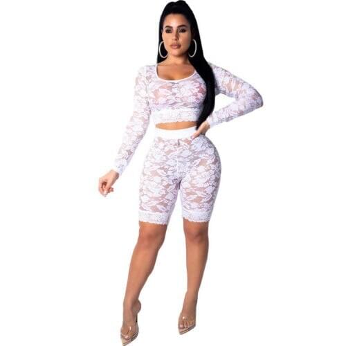 Women See-through 2Pcs Clothes Set Crop Top Long Sleeve Tops Shorts Lace Exotic Sets Ladies set Bodysuit Playsuit Solid Color