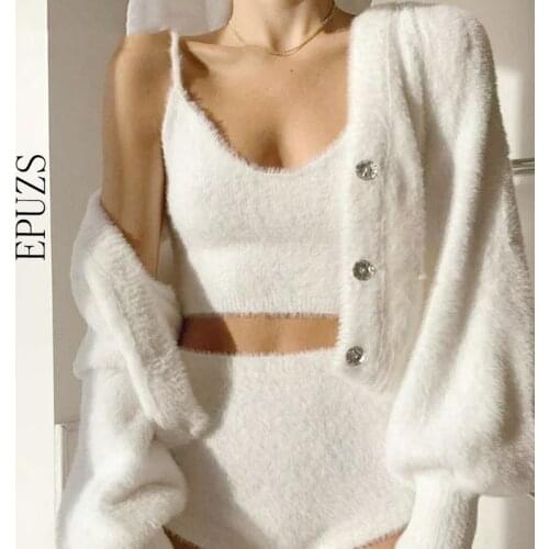 Womens Cardigan Warm Mohair Sweater long sleeve Knitted Sweater White Cropped sweater Sexy korean jumper 2021