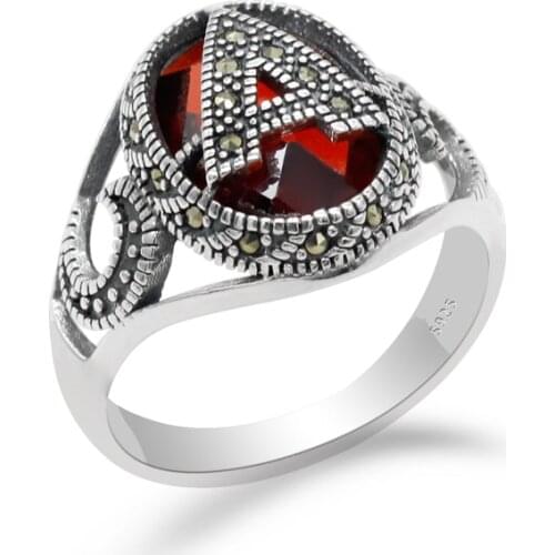 Women Ring with Red Cubic Zircon 925 Sterling Silver Letter Initials A Mosaic Stone Vintage Thai Silver Ring for Ladies Jewelry