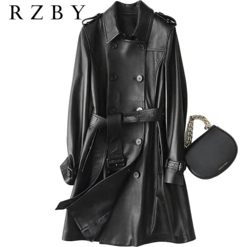 Women 100% Sheepskin Genuine Leather Wind Coat Real Leather Veste Femme With Belt Fashion Jaqueta De Couro Feminina RZBY646