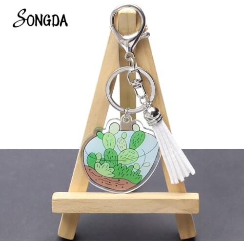Potted Green Plant Pendant Acrylic Keychain Terrarium Cactus Aloe Tassel Keyrings Key Chain Holde for Car Bag Fashion Jewelry