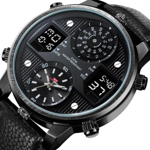 Large Dial Watch Black Cool Three Display Time Men Watches Business Waterproof Digital Clock Mens Casual Sport Quartz Wristwatch