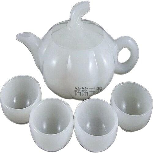 Chinese Nature White Jade Sculpture Tea Teapot And Tea Cup A Set