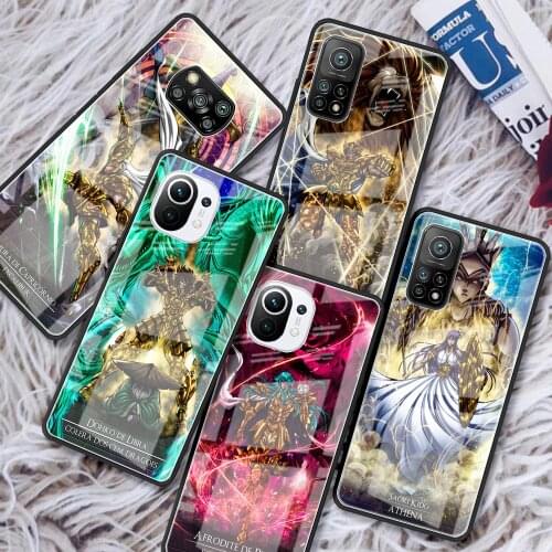 Tempered Glass Case For Xiaomi Mi Poco X3 NFC 10T Pro Note 10 Lite 9T 11 CC9 F3 Luxury Phone Cover Shell Saint Seiya Anime Funda