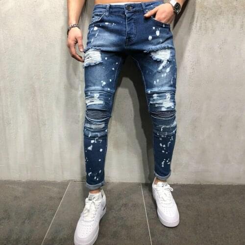 Men Hip Hop Ripped Splashing Ink Skinny Biker Jeans Knee Pleated Distressed Motorcycle Streetwear Men Joggers Denim Trousers