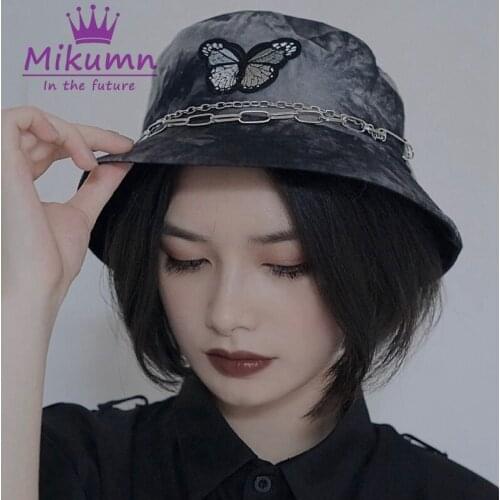 Harajuku Gothic Tie-Dye Butterfly Chain Black Fisherman Hat Foldable Bucket Hat Women Sun Caps Streetwear