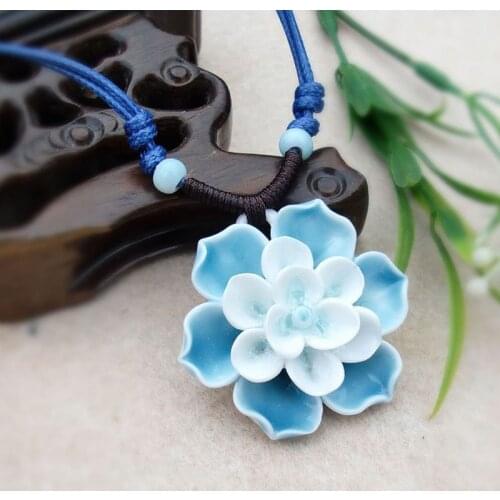 Artistic Flower Lotus Shape Handmade Ceramic Necklace Gift For Women