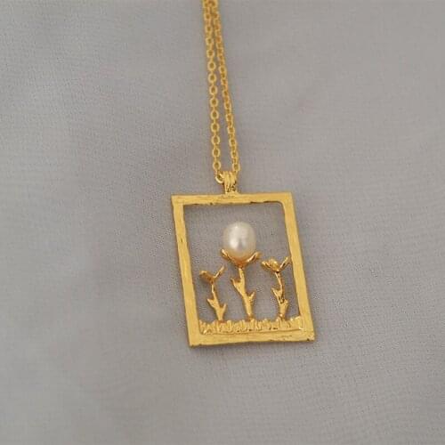 Korean original design sprouting saplings fresh water pearl Square Pendant Necklace