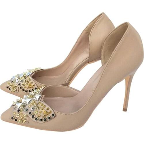 Summer Apricot 10cm Stiletto Pointed Toe Sexy High Heels Pumps Women Shoes with Bow Rivet plus size LX002 CHENSIR9