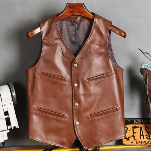 Mens handsome motorcycle genuine cowhide leather vest fashion slim short top layer cowhide jacket vest Plus Size M-4XL