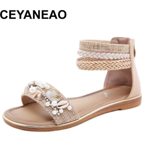 CEYANEAO New 2021 ethnic style sandals female shell beaded wedges retro Roman sandals