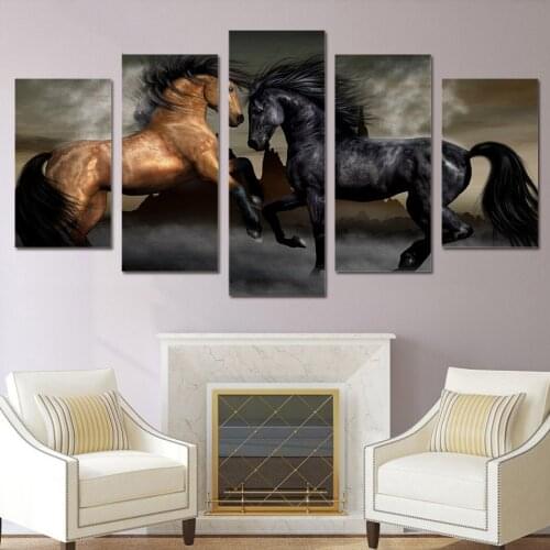 Print Posters Modern Mural Art Images 5 pcs Black Brown Horse Painting Living Room Home Decor