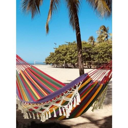 2021 Portable Outdoor Garden Hammock Hang BED Travel Camping Swing Canvas Stripe 1-2 Person Exotic Wind Fringed Hanging Bed