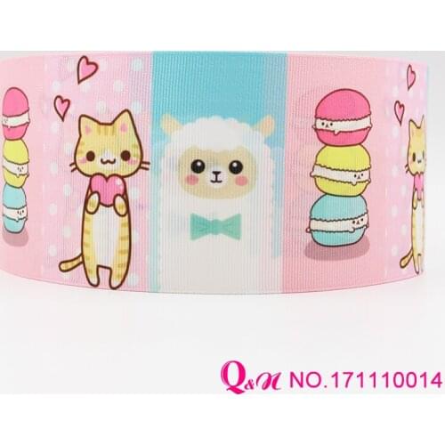 Q&N ribbon 16mm 22mm 25mm 38mm 50mm 75mm macaron cat print grosgrain ribbon webbing 50yards/roll for hair tie