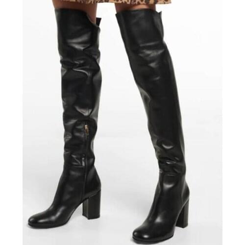 Drop Shipping Black Beige Genuine Leather Round Toe Over The Knee Boots Woman 6 CM Square Heels High Run Way Thigh Long Boots