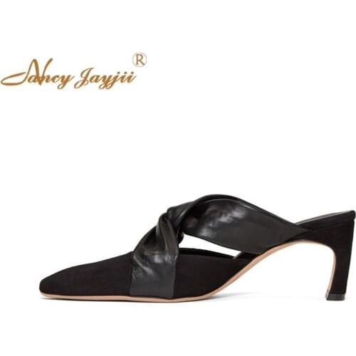 Nancyjayjii Fashion 2021 Summer Black Pleated Slides Pinted Toe Slippers High Chunky Heels Woman Casual Dress Shoes Size 4-16