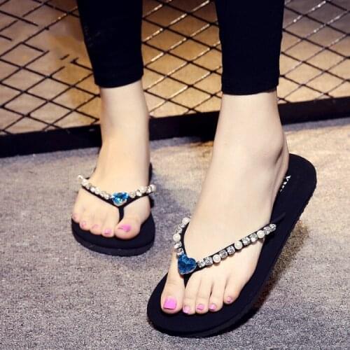 Summer Flip Flops Women Shoes Fashion Zirconia Pearl Beach Slippers For Women Girls Black Flat Slides Leisure Footwear 9 Colors