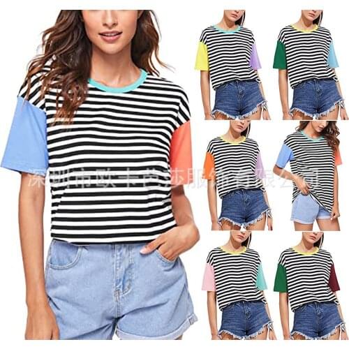 Summer T Shirt Women Stripe Splicing Short Sleeve Female Bump Color Restoring Ancient Ways 2021 Harajuku Tshirt OKBS102
