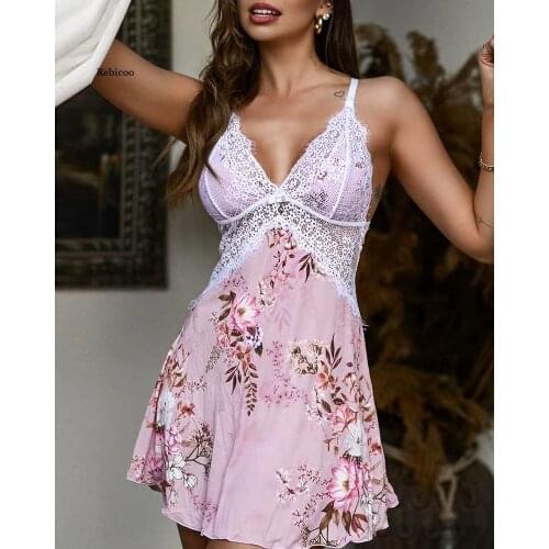 Women Patchwork Loungewear Mini V-Neck Spaghetti Strap Guipure Lace Satin Floral Print Nightgown