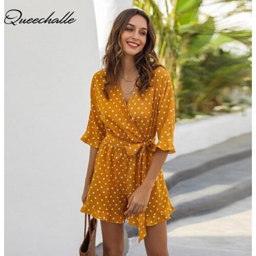 Dot Print Casual Playsuits Womens Summer 2021 New Yellow Sexy Cross V neck Ruffle Patchwork Short Sleeve Loose Jumpsuit Lady
