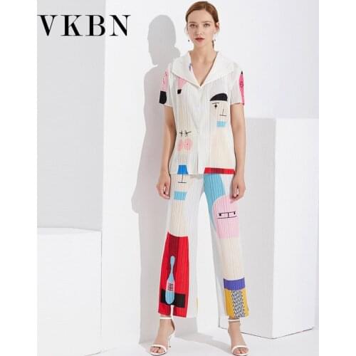 VKBN 2021 Spring and Summer Two Piece Set Skirt T-shirts and Pants Women Turn Down Collar Pleated Fabric Print Women Sets