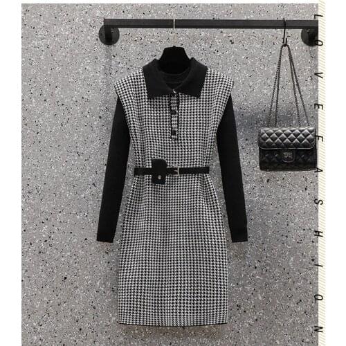 Large Size Knitted Two Piece Set Fall Winter Women Black Long Sleeve Sweater + Houndstooth Short Sleeve Dress Suits M-4XL