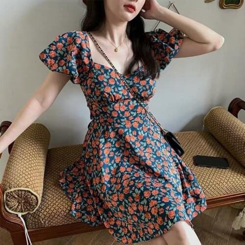70128 Floral Dresses Women French Square Collar Short Puff Sleeves Backless Gentle Style Slim Fit Daily Office Lady Dress Summer
