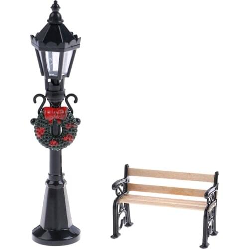 1/12 Dollhouse Miniature Christmas Park Street Lamp & Bench Doll Garden Furniture Decor Doll House Accessories
