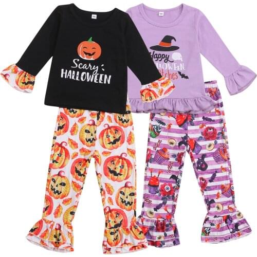 Toddler Girls 2Pcs Halloween Clothing Outfits Casual Long Sleeve Letter Print T-Shirt Tops + Flare Pants Set 0-5Y