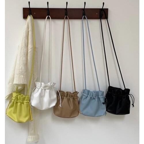 2021 Women‘s Bag PU Leather Youth Drawstring Bucket Bag Korean Ladies Lucky Bag Female Mini Crossbody Shoulder Bag Whole Sale