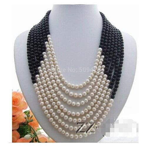 810Free Shipping aaa00503+++7Strds White Pearl&Onyx Necklace