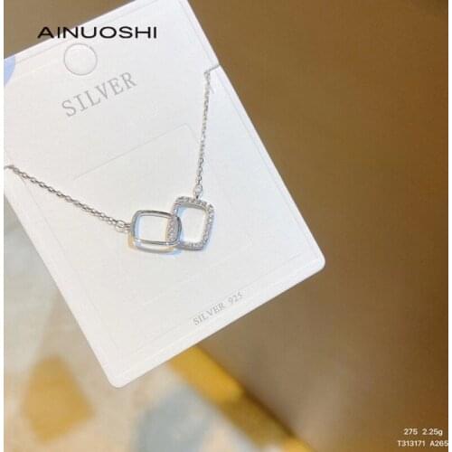 AINUOSHI New 925 Sterling Silver Shiny Rectangle Double Zircon Circle CZ Zirconia Necklaces Pendants Gift For Girl Choker collar