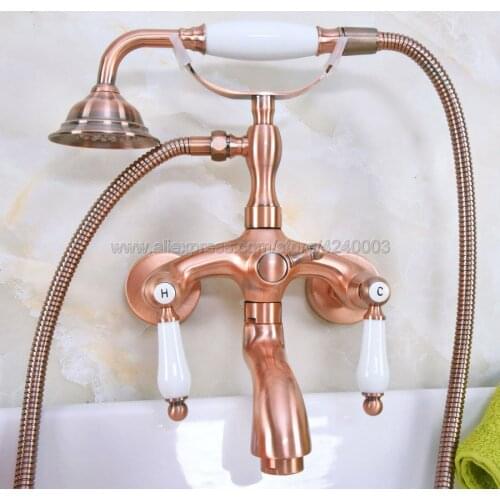 Antique Red Copper Wall Mount Tub Faucet Wall Mounted Mixer Tap Ceramic Handles With Hand Shower Kna311