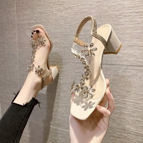 Rhinestone Sandals Black Shoes for Women All-Match 2021 Summer Med High Heels Beige New Medium High-heeled Comfort Plastic Fashi
