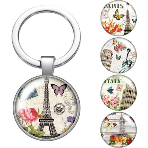 Vintage Eiffel Tower famous buildings cabochon keychain Bag Car key chain Ring Holder silver color keychains for Man Women Gift