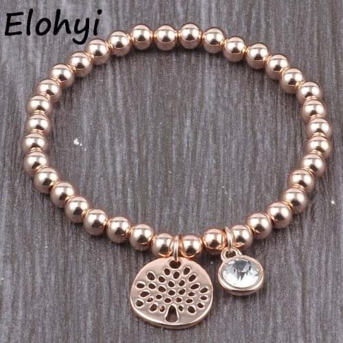 ELOHYI Hot Sale Women Men Bijoux Femme DIY Alloy Tree Of Life Cooper 6mm Beads Elastic Handmade Bracelet Jewelry Wholesale