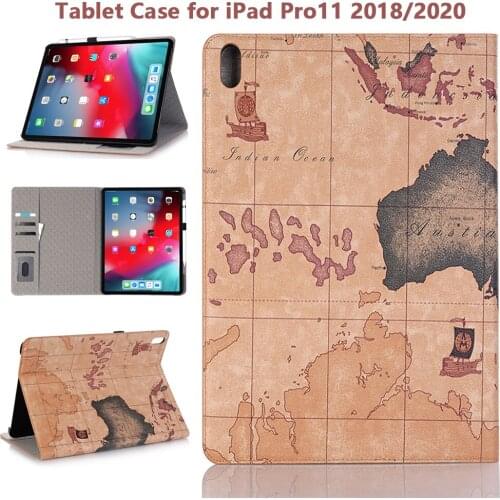 For iPad Pro 11 Tablet Case 11inch Retro Map Pattern Cover Case with Pen slot for 2018 2020 iPad Pro11 Smart Sleep Leather Case